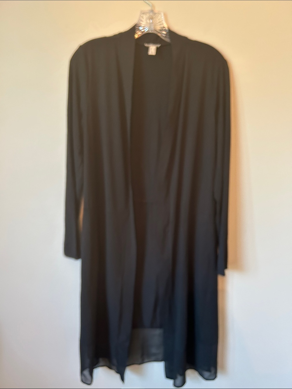 LOGO by Lori Goldstein Black Long Open-Front Duster with Sheer Trim, Pockets